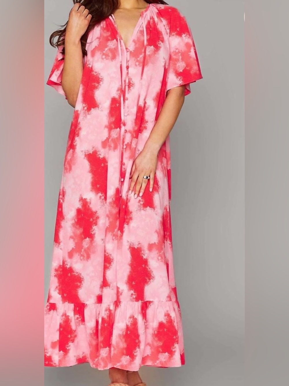 Pink Tie-Dye Maxi Dress with Button Front  Budd y love large